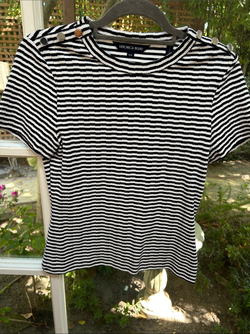 Veronica Beard Black & White Striped Short Sleeve Button-Shoulder Tee